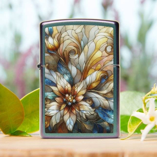 Chic Classic Stained Glass Floral Art Pattern Zippo Lighter (On Table)