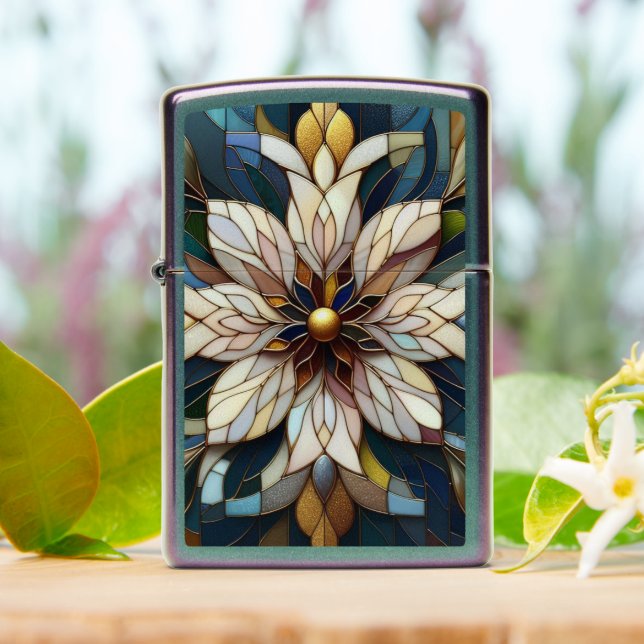 Chic Classic Stained Glass Floral Art Pattern Zippo Lighter (On Table)