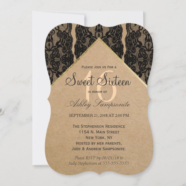 Chic & Classy Black Lace, Gold, & Recycled Paper Invitation (Front)