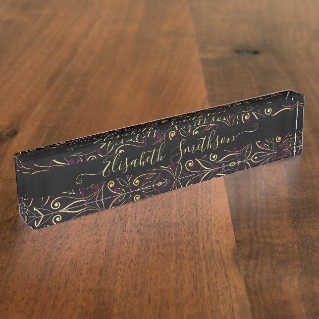 Chic Classy Elegant Dark Black Professional Floral Desk Name Plate (Side)