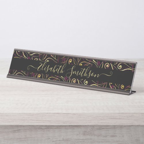 Chic Classy Elegant Dark Black Professional Floral Desk Name Plate