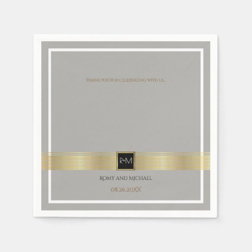 chic  classy gold lines on gray wedding monogram paper napkins