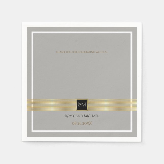 chic & classy gold lines on gray wedding monogram paper napkins (Front)