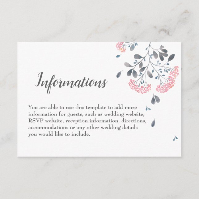 Chic classy grey pink watercolor wedding details enclosure card (Front)