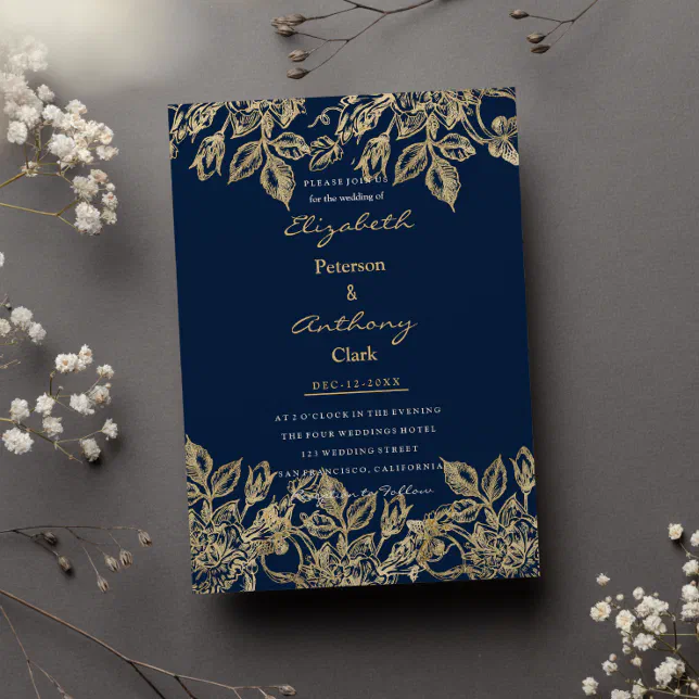 Chic classy navy blue gold luxury floral Wedding Invitation | Zazzle