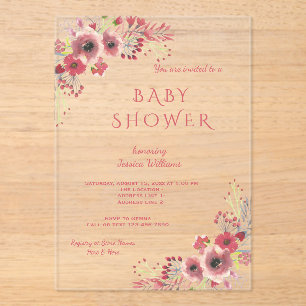 Chic Classy Red Floral Watercolor Baby Shower Acrylic Invitations