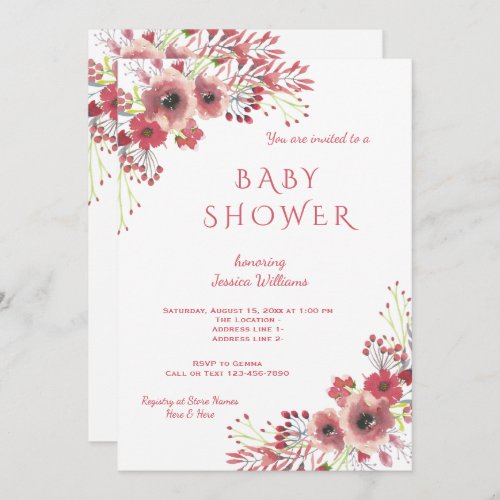 Chic Classy Red Floral Watercolor Baby Shower Invitation