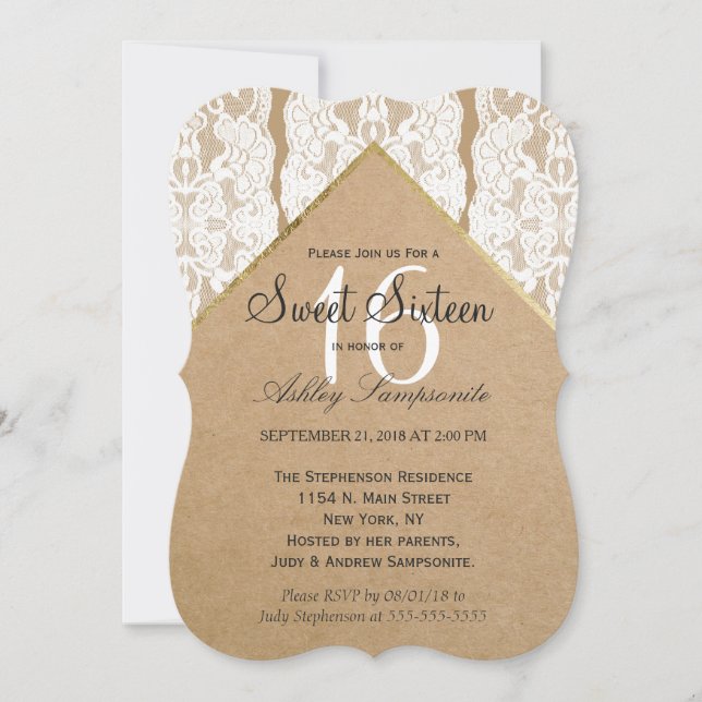 Chic & Classy White Lace, Gold, & Recycled Paper Invitation (Front)