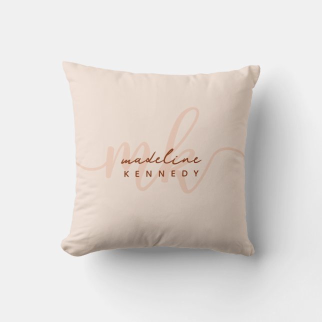 Chic Clay and Beige Modern Monogram Throw Pillow (Front)