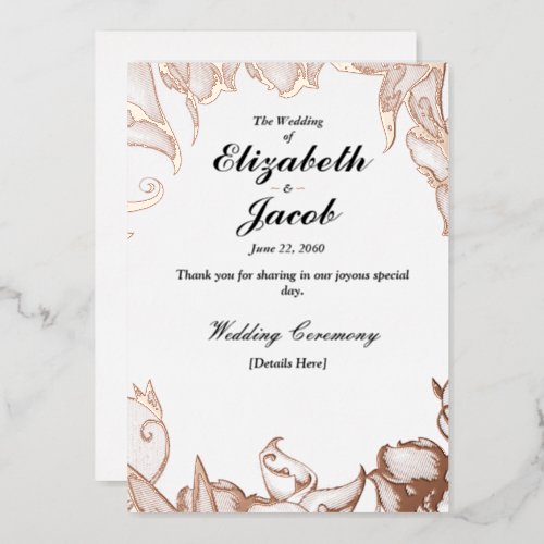 Chic Clean  Elegant Floral Rose Gold Wedding Foil Invitation