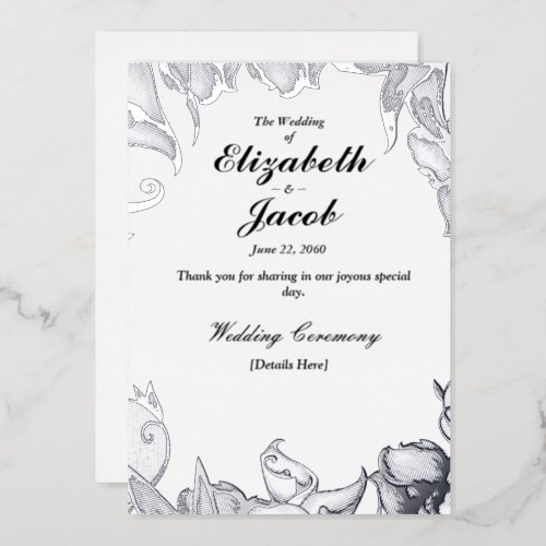 Chic Clean  Elegant Floral Silver Wedding Foil Invitation