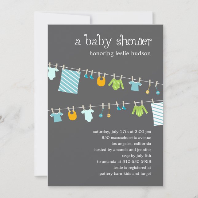Chic Clothesline Baby Shower Invitation (Boy) (Front)