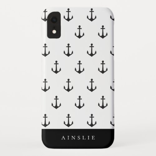 Chic Coastal Black Anchor Pattern iPhone XR Case