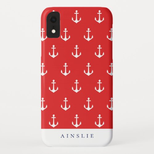 Chic Coastal Red Anchor Pattern iPhone XR Case