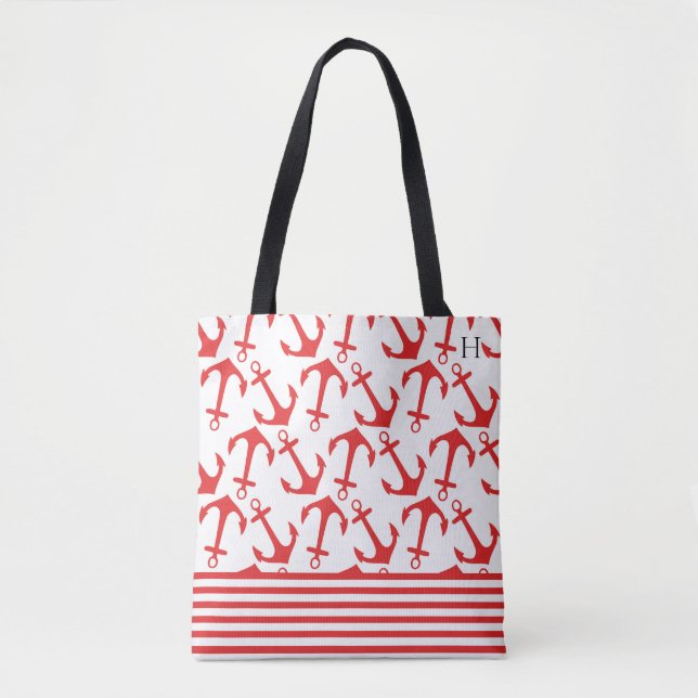 Chic Coastal Red Anchor Pattern Monogram Tote Bag (Front)