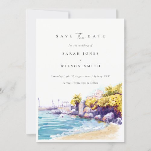 Chic Coastal Sand Beach Rocky Seascape Watercolor Save The Date