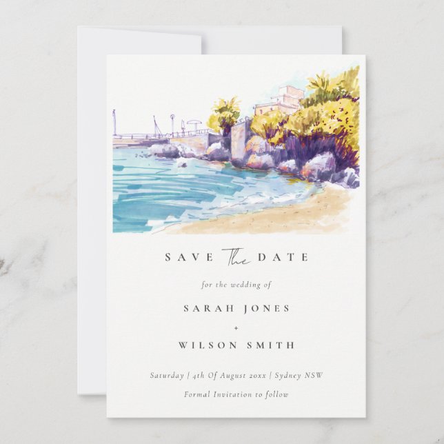 Chic Coastal Sand Beach Rocky Seascape Watercolor Save The Date (Front)