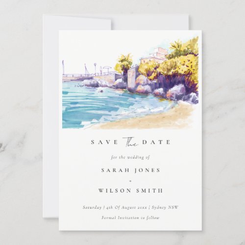 Chic Coastal Sand Beach Rocky Seascape Watercolor Save The Date