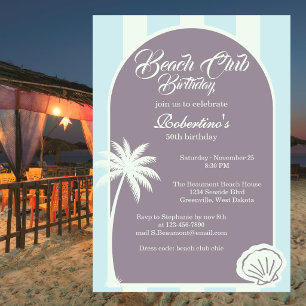 Chic Coastal Stripe Beach Club 50th Birthday Invitation