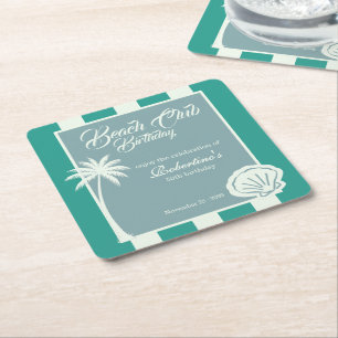 Chic Coastal Stripe Beach Club 50th Birthday Square Paper Coaster