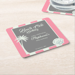 Chic Coastal Stripe Beach Club 50th Birthday Square Paper Coaster