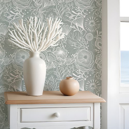 Chic Coastal Under the Sea Green Coral Reef Wallpaper