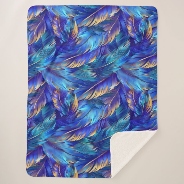 Chic cobalt blue gold feathers pattern sherpa blanket (Front)