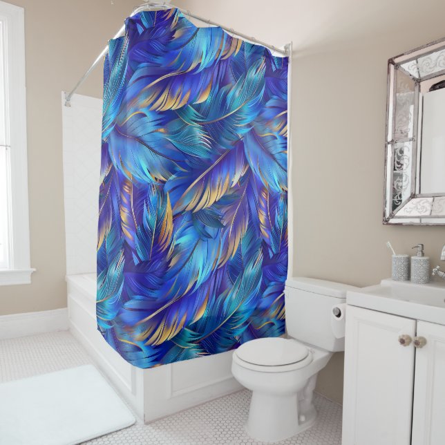 Chic cobalt blue gold feathers  shower curtain (In Situ)