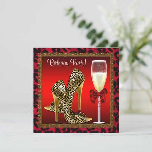 Chic Cocktail High Heel Shoes Red Leopard Birthday Invitation | Zazzle