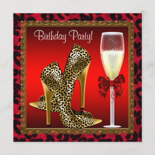 Chic Cocktail High Heel Shoes Red Leopard Birthday Invitation