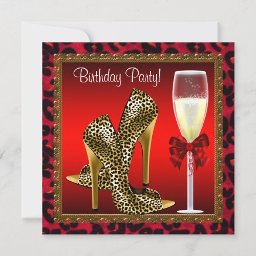 Chic Cocktail High Heel Shoes Red Leopard Birthday Custom Invites