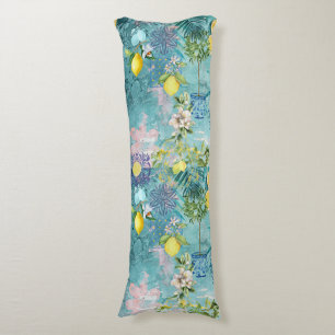 Chic collage blue turquoise sicilian citrus floral body pillow