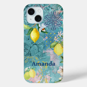 Chic collage blue turquoise sicilian citrus floral iPhone 15 case