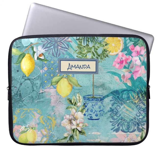 Chic collage blue turquoise sicilian citrus floral laptop sleeve (Front)