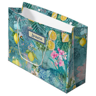 Chic collage blue turquoise sicilian citrus floral large gift bag