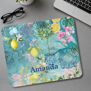 Chic collage blue turquoise sicilian citrus floral mouse pad