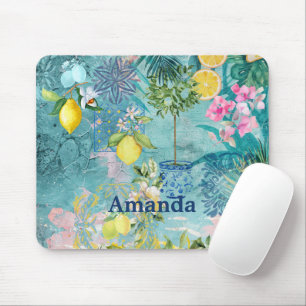 Chic collage blue turquoise sicilian citrus floral mouse pad