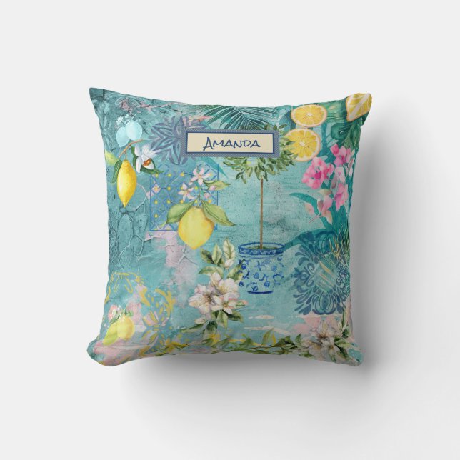 Chic collage blue turquoise sicilian citrus floral throw pillow (Front)