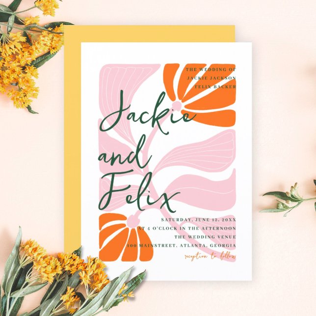 Chic Colorful Abstract Floral Retro Wedding Invitation
