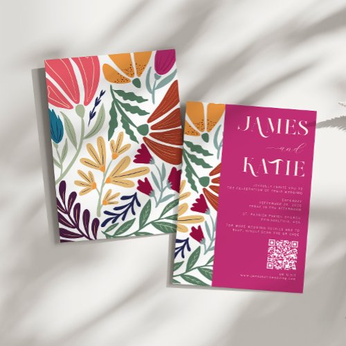 Chic Colorful Abstract Floral Retro Wedding QR Invitation