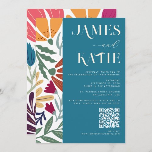 Chic Colorful Abstract Floral Retro Wedding QR Invitation