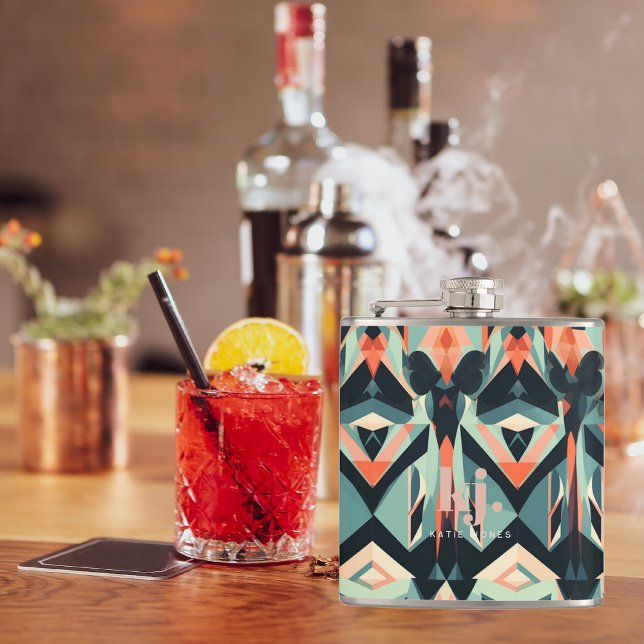 Chic Colorful Abstract Stripes Monogram Flask (Creator Uploaded)