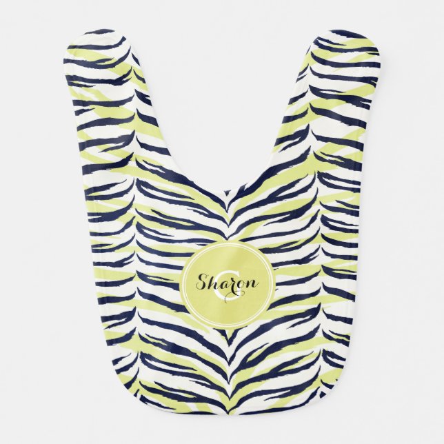 Chic colorful black & yellow zebra print monogram baby bib (Front)