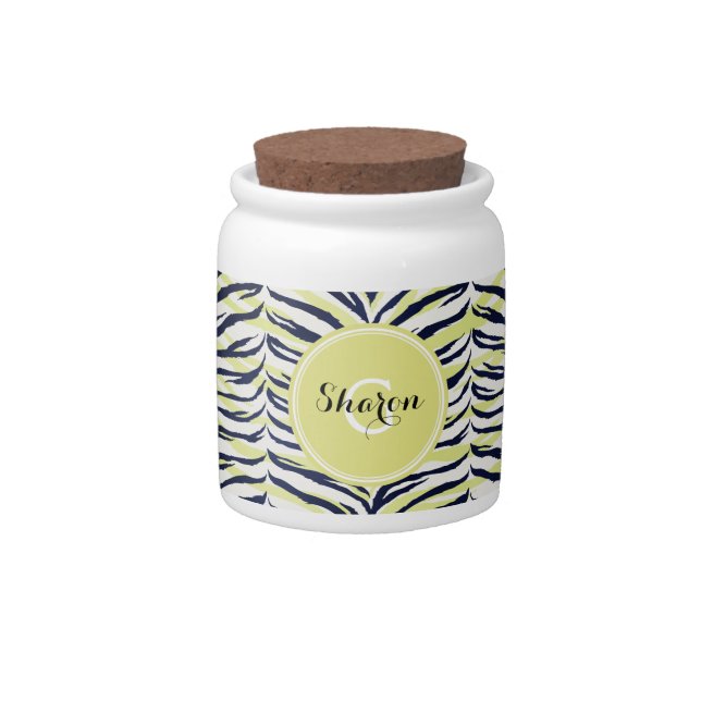 Chic colorful black & yellow zebra print monogram candy jar (Front)