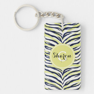 Chic colorful black & yellow zebra print monogram keychain