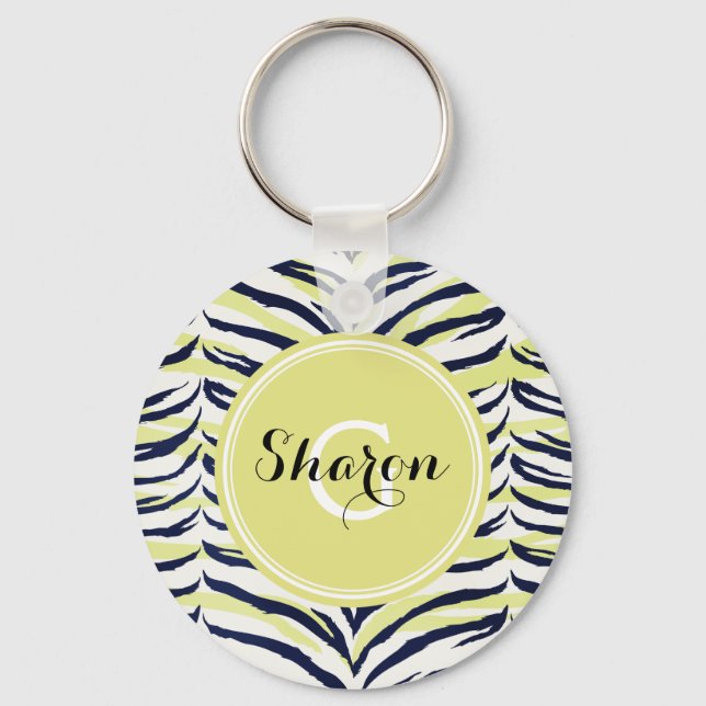 Chic colorful black & yellow zebra print monogram keychain (Front)