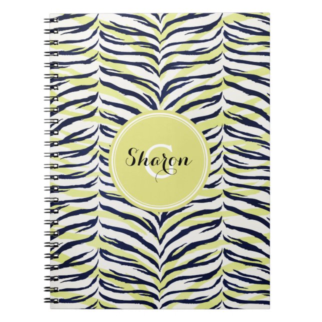 Chic colorful black & yellow zebra print monogram notebook (Front)
