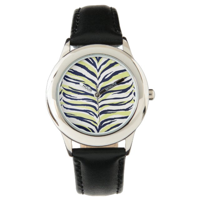 Chic colorful black & yellow zebra print monogram watch (Front)