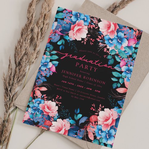 Chic Colorful Blue Garden Floral Graduation Black Invitation