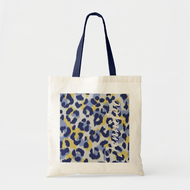 Chic colorful blue yellow cheetah print monogram tote bag (Front)